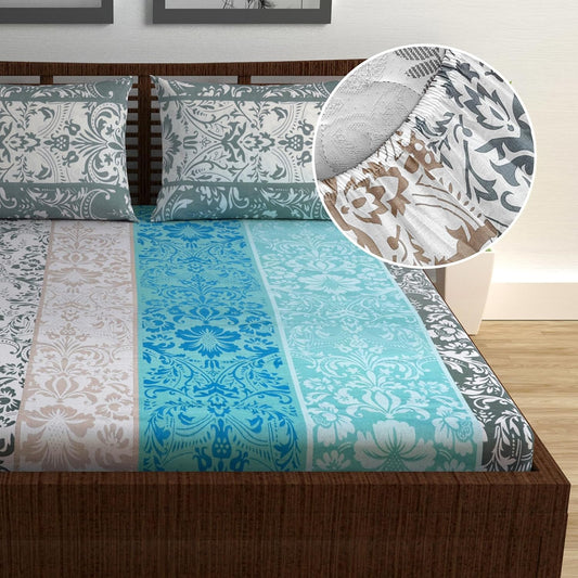 Grey Floral Elastic Fitted Double Bed Bedsheet