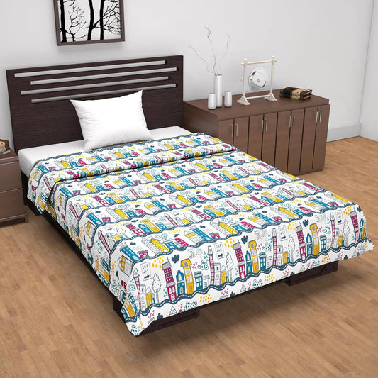 Misty White And Blue Kids City Pattern All Season AC Dohar for Single Bed
