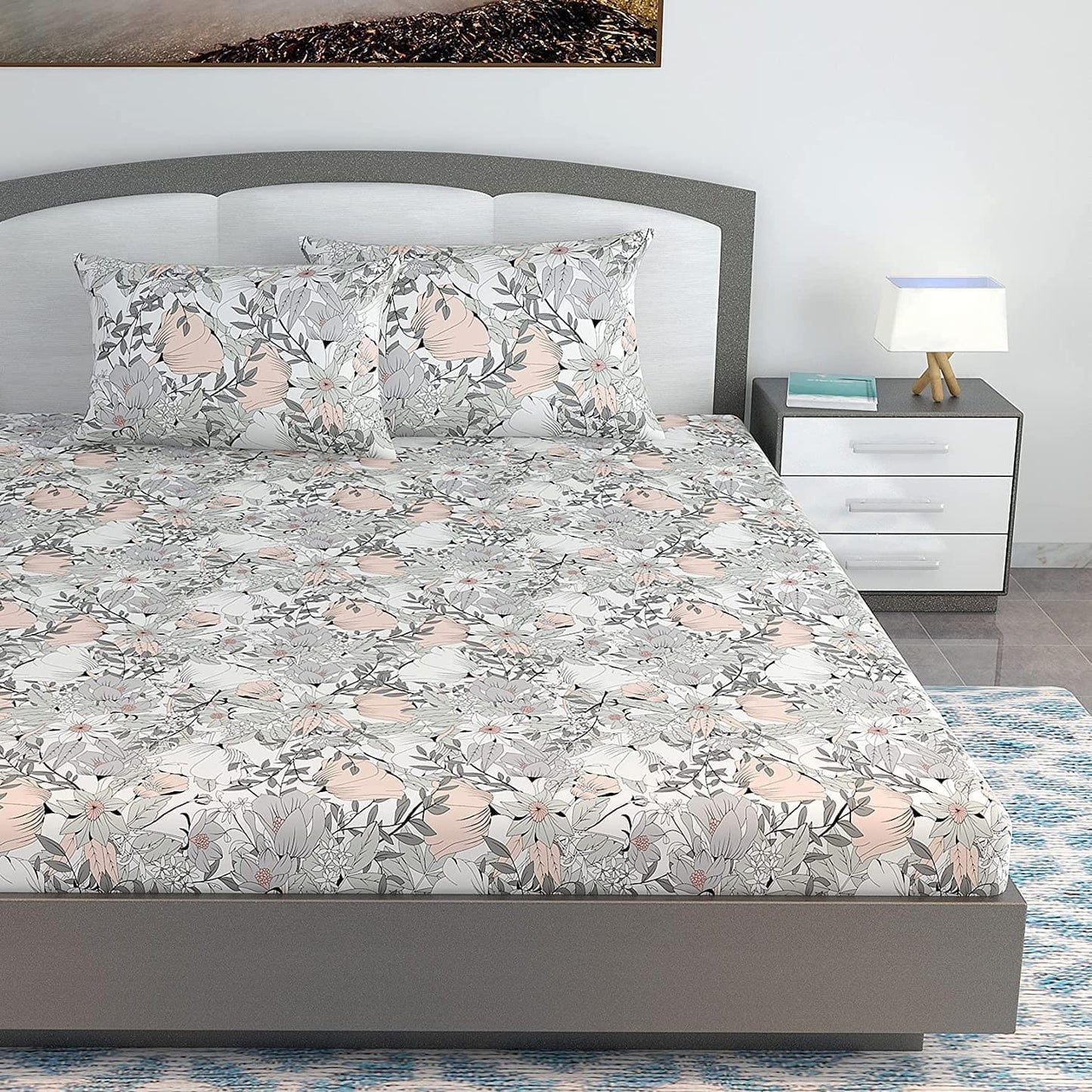 Grey Multicolor 144 TC 100% Cotton Floral Print King Size Bed Bedsheet with 2 Pillow Covers For Bedroom