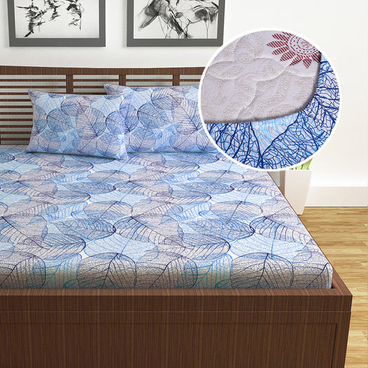 Blue Dry Leaves Texture Elastic Fitted Double Bed Bedsheet