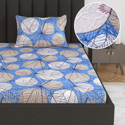 Blue Floral Dry Leaf Elastic Fitted Bedsheet For Single Bed