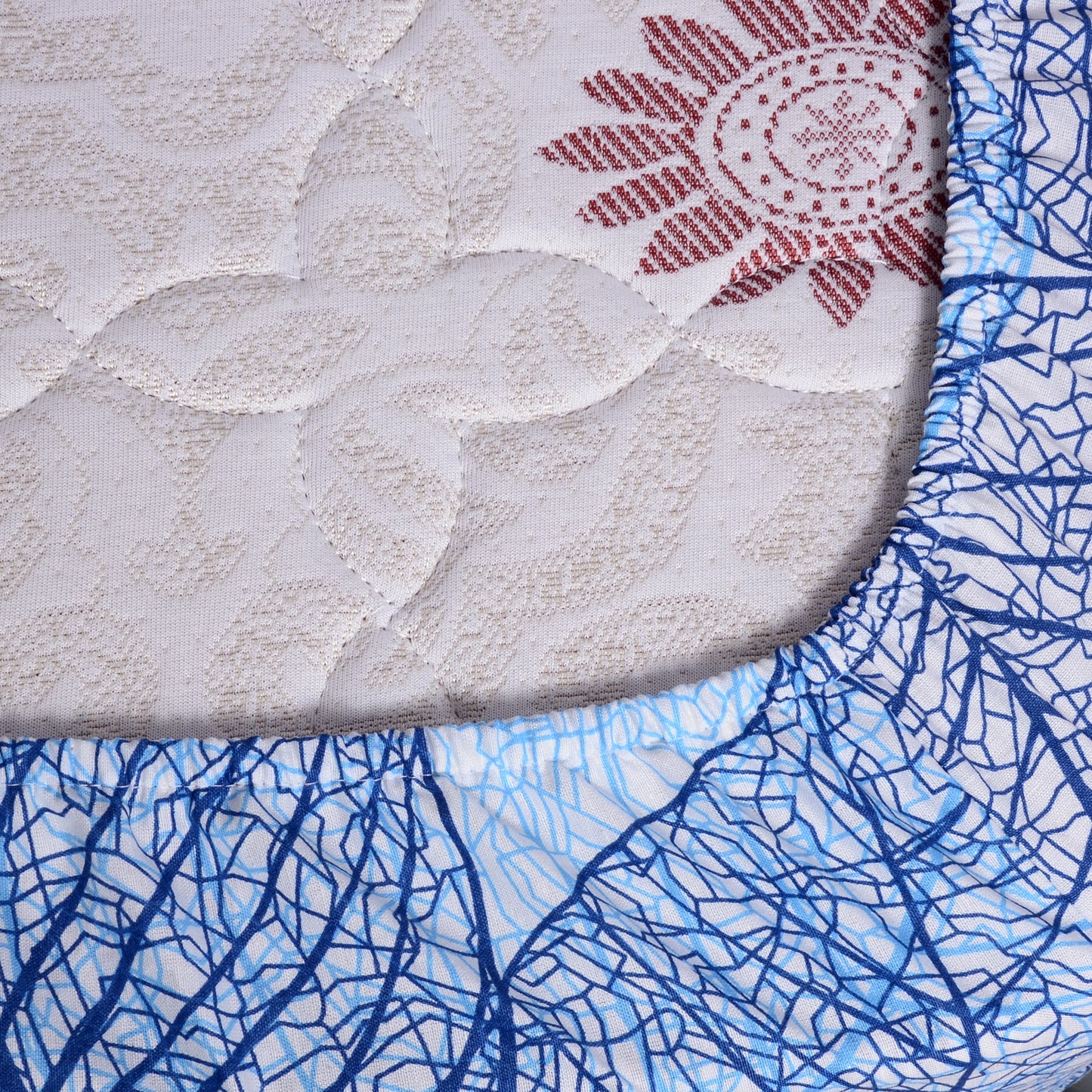 Iris Blue 144 TC 100% Cotton Dry Leaf Elastic Fitted Bedsheet for Double Bed with 2 Pillow Covers For Bedroom