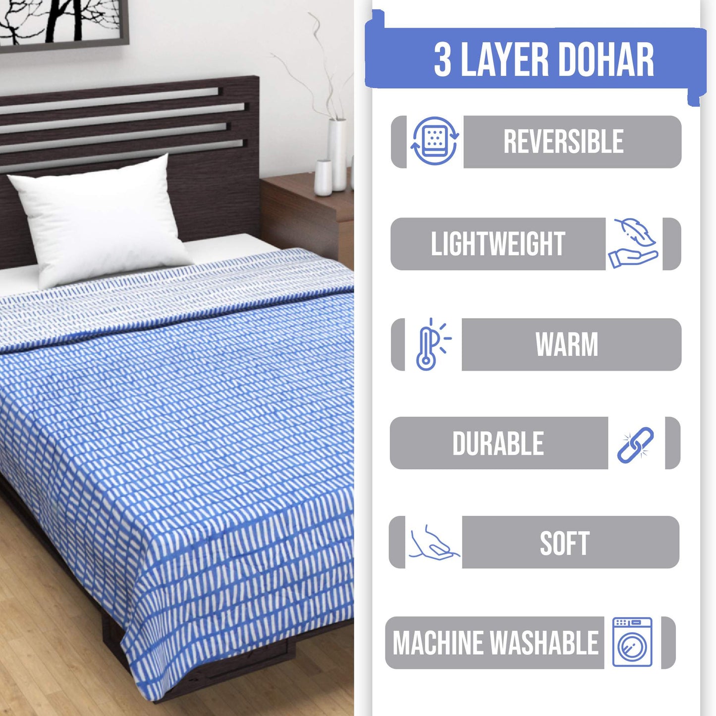 Light Blue And White 120 TC 100% Cambric Cotton Abstract Single Bed AC Blanket Dohar for All Season