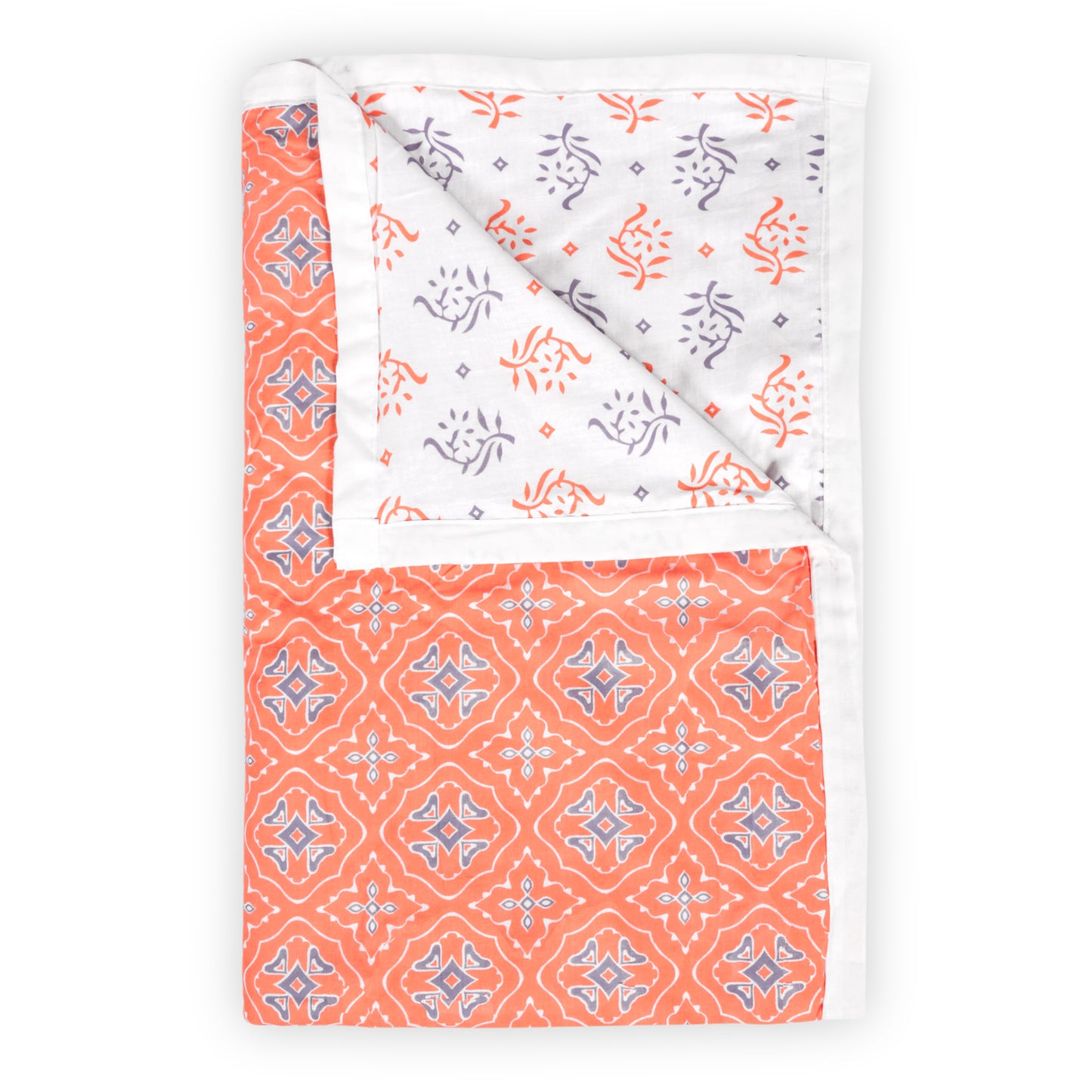 Peach and White 120 GSM 100% Cotton Ethnic Print Reversible AC Dohar For Double Bed