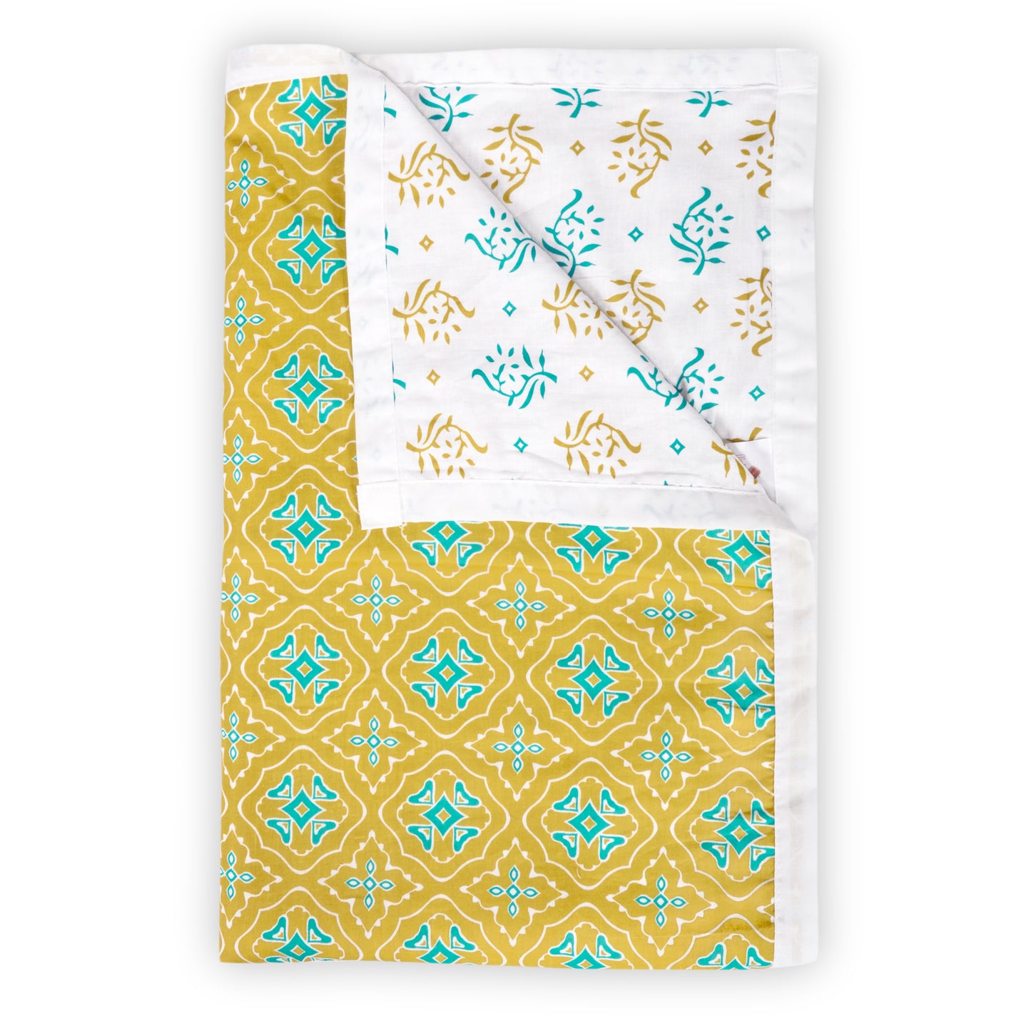 120 GSM Ethnic Print Green and White Cotton Reversible Dohar For Single Bed