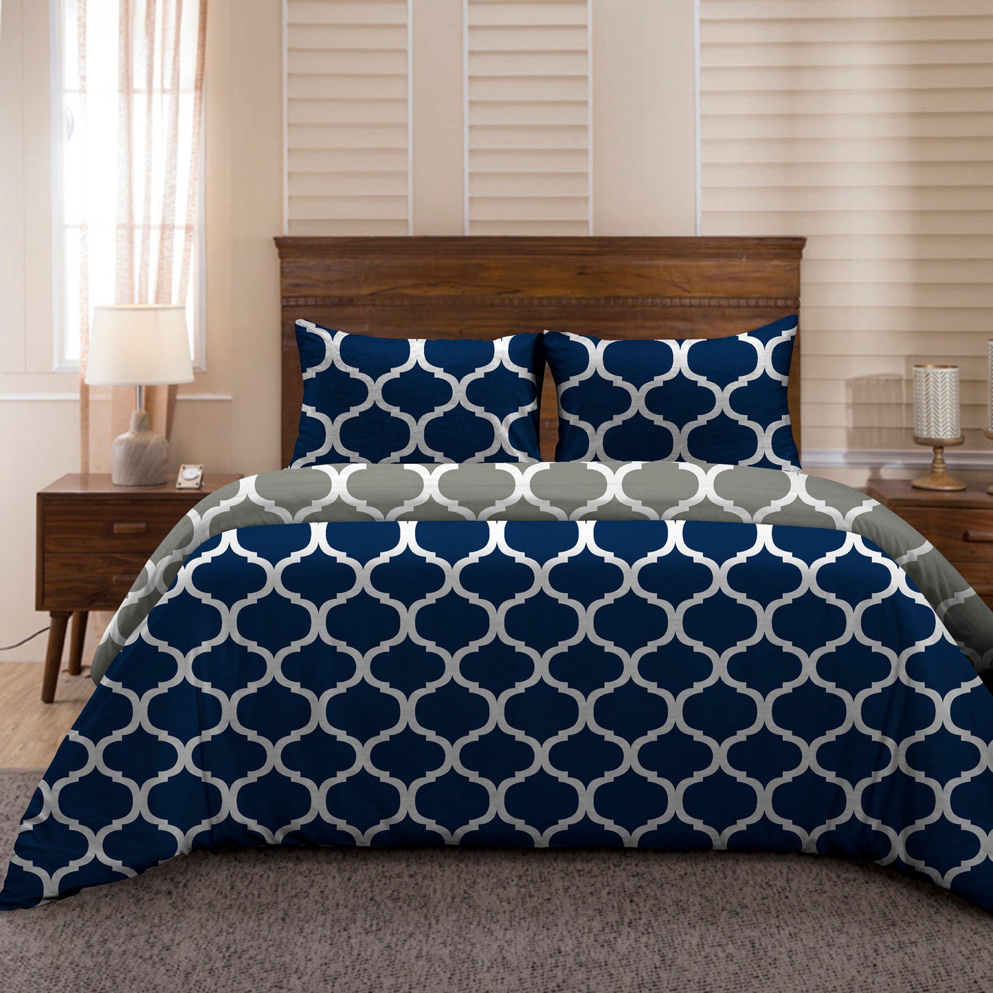 Microfiber Reversible Double Bed Queen Size Abstract Printed Duvet Cover, Dark Blue & Grey