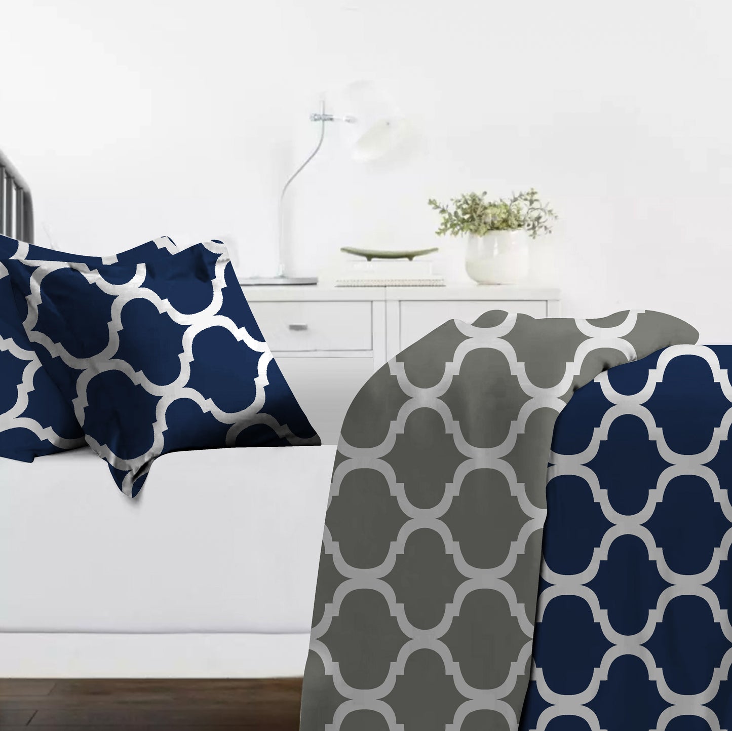 Microfiber Reversible Double Bed Queen Size Abstract Printed Duvet Cover, Dark Blue & Grey