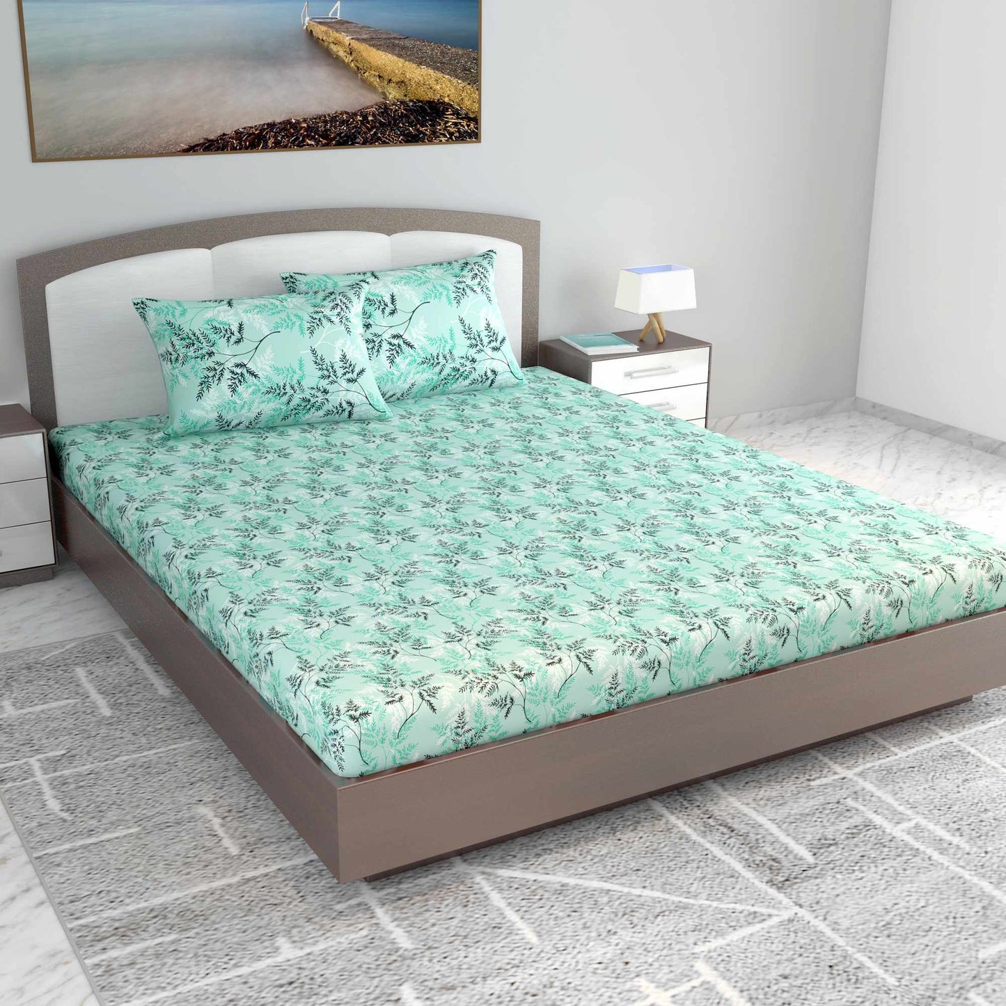 Lady Fern Floral Aqua Mist 100% Cotton Bedsheet for King Size Bed