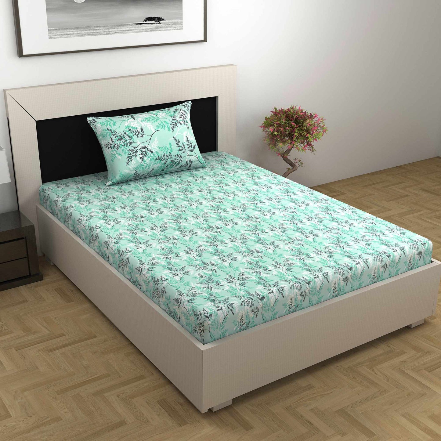 Green 144 TC 100% Cotton FloralSingle BedSheet with 1 Pillow Cover For Bedroom