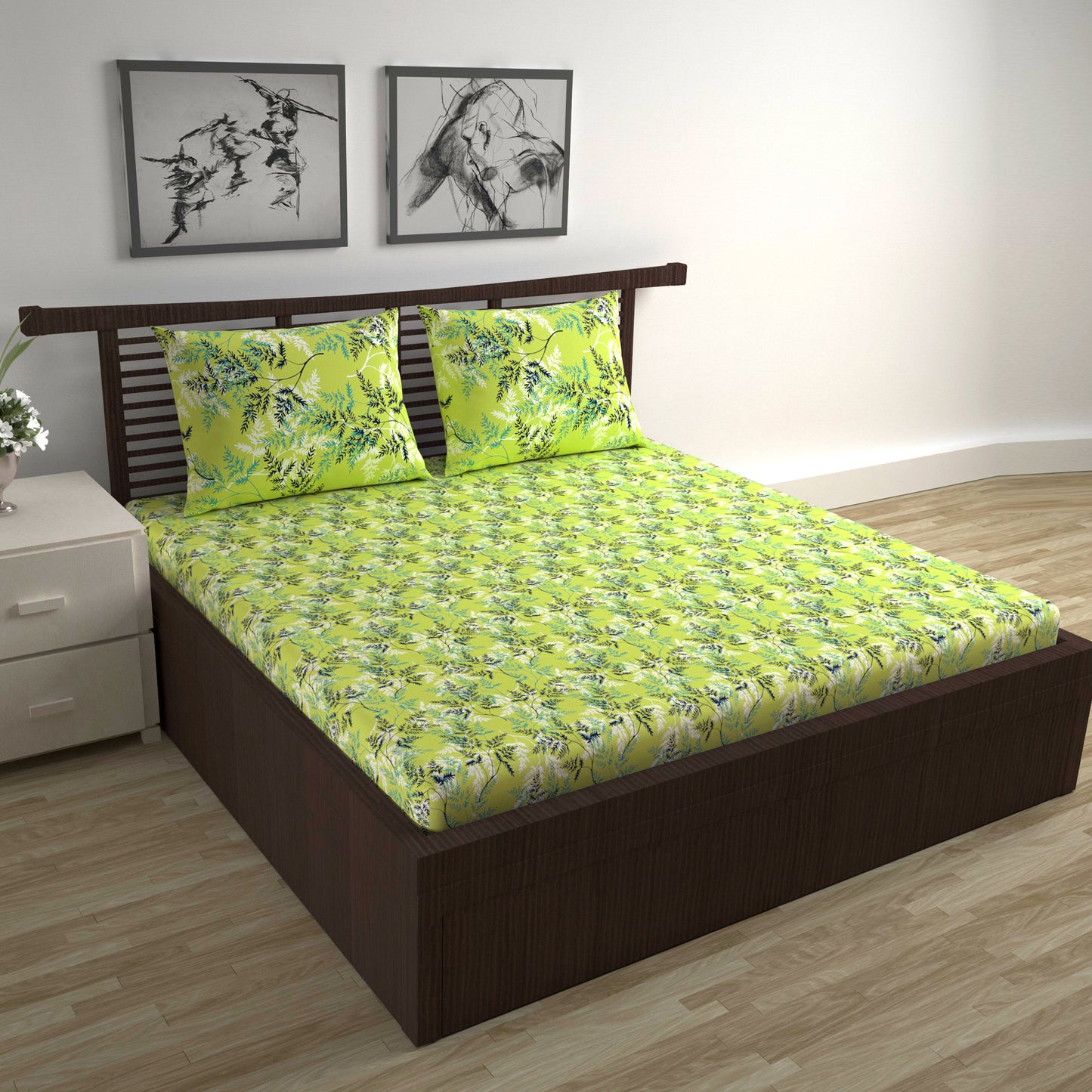 Lime 144 TC 100% Cotton FloralDouble BedSheet with 2 Pillow Cover For Bedroom