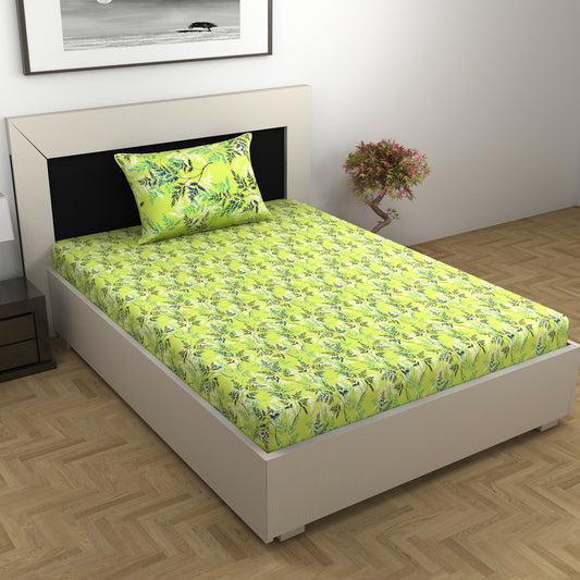 Lady Fern Floral Lime Green Bedsheet for Single Bed - 100% Cotton