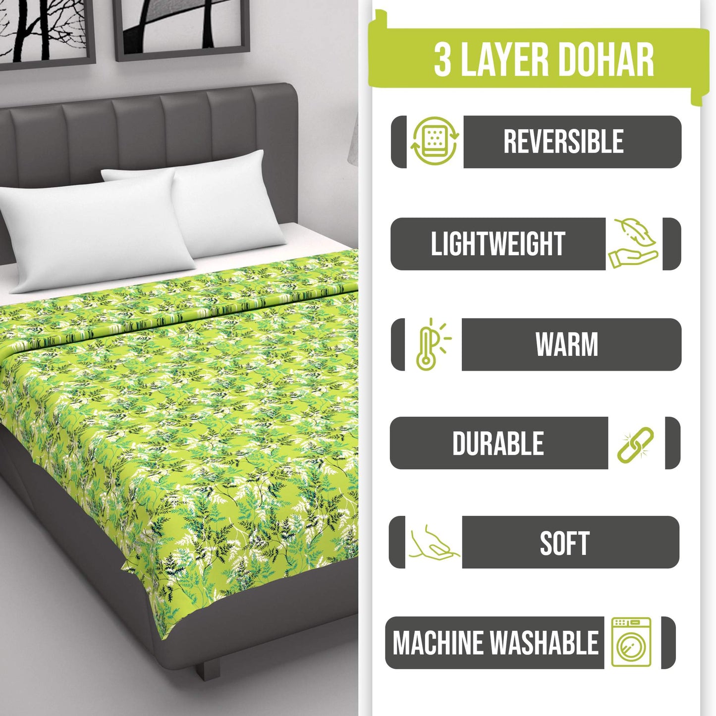 Lady Fern Lime Green Floral Single Cotton Dohar – 144 TC Cotton