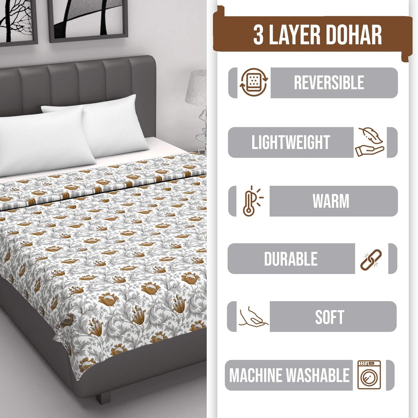 Tulip Floral Grey and Brown Silky Touch Dohar for Single Bed