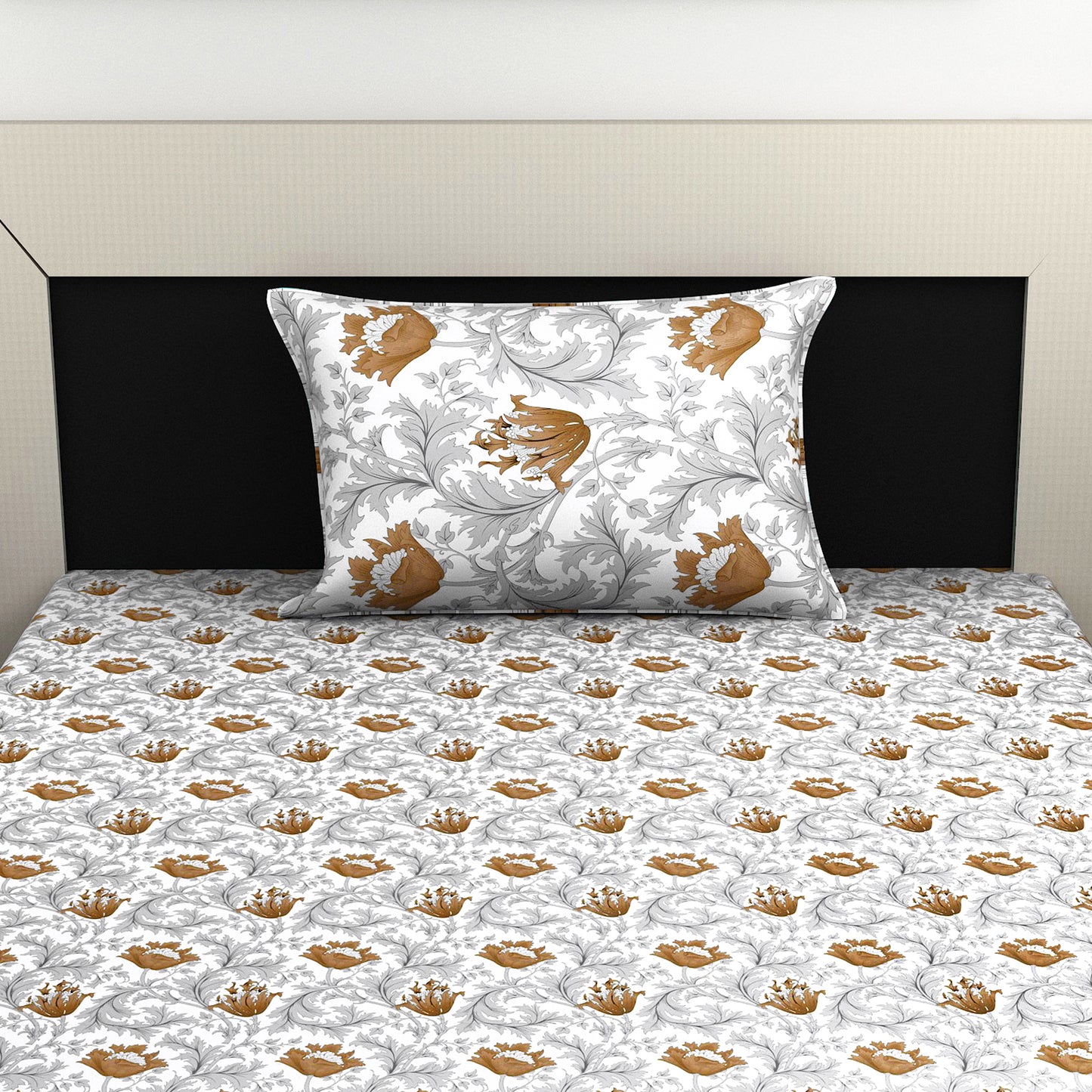Tulip Floral Grey and Brown Bedsheet for Single Bed - 100% Cotton