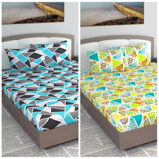 Green and Multicolor Set of 2 Elastic Fitted Combo Bedsheet For King Size Bed