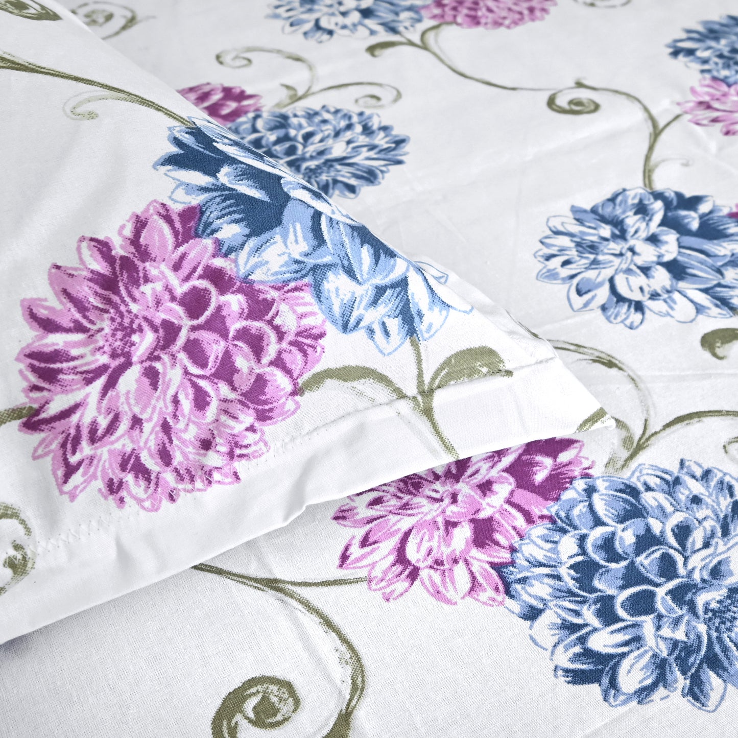 Blue Pink Floral Cotton Elastic Fitted King Bedsheet