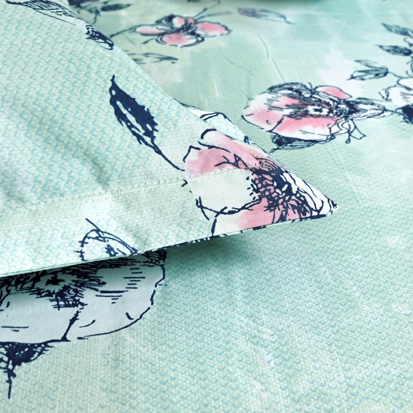 Mint Green Floral Cotton Elastic Fitted Double Bedsheet
