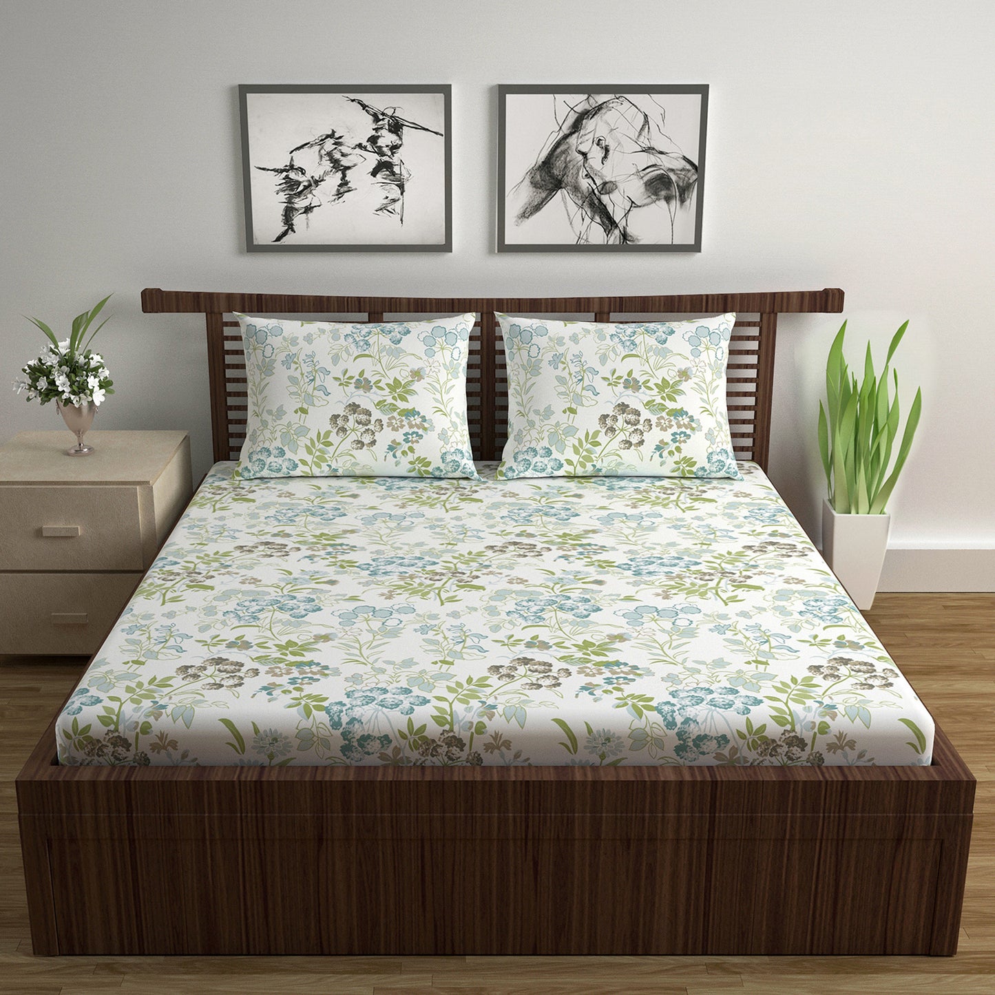 Vintage Green Floral Single and Double Bedsheet Combo