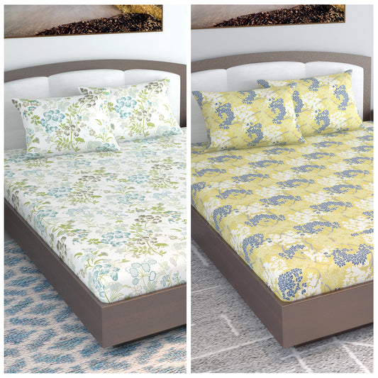 Green And Brown Floral Set of 2 Combo Bedsheet for King Size Bed