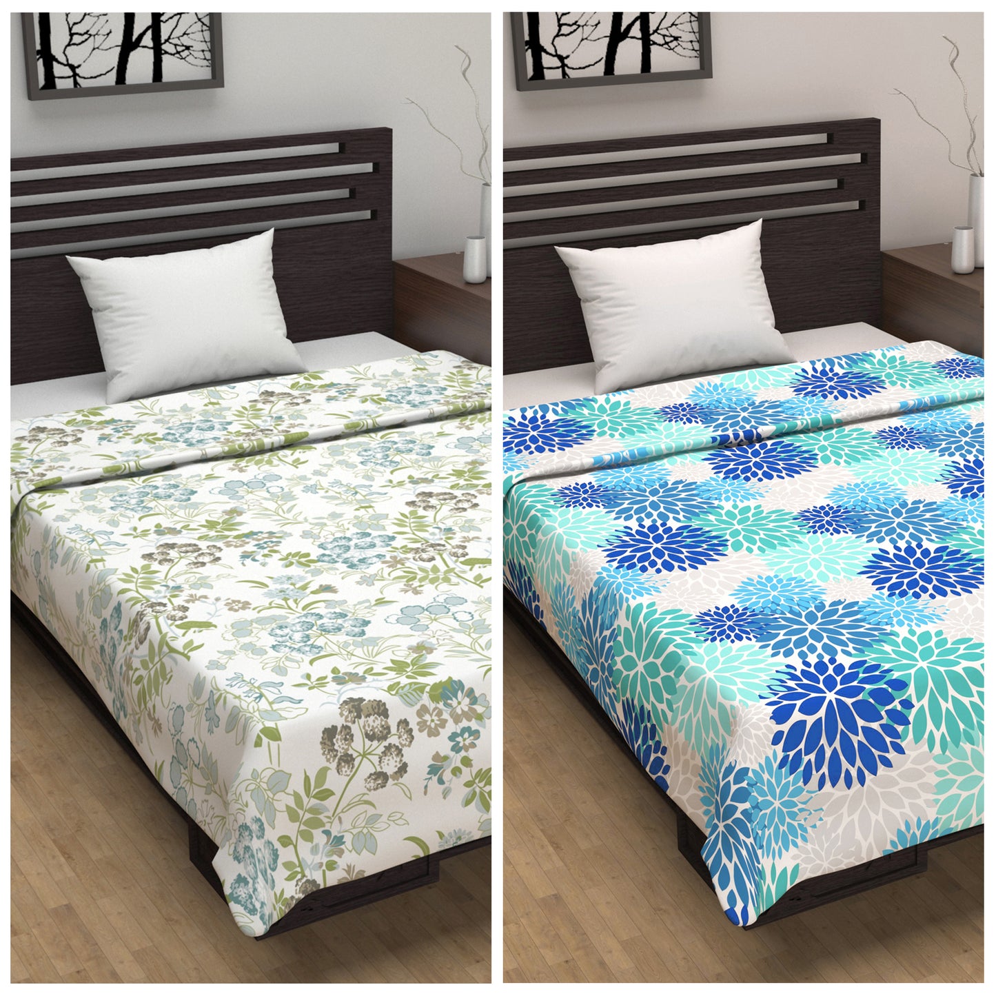 Green and Blue Floral Cotton Combo Set of 2 Dohar For Single Bed