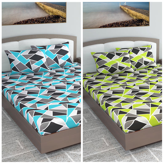 Triangle Blue and Green Set of 2 Combo Bedsheet for King Size Bed
