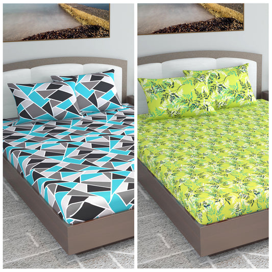 Blue Abstract and Green Leaf Set of 2 Elastic Fitted Combo Bedsheet For King Size Bed