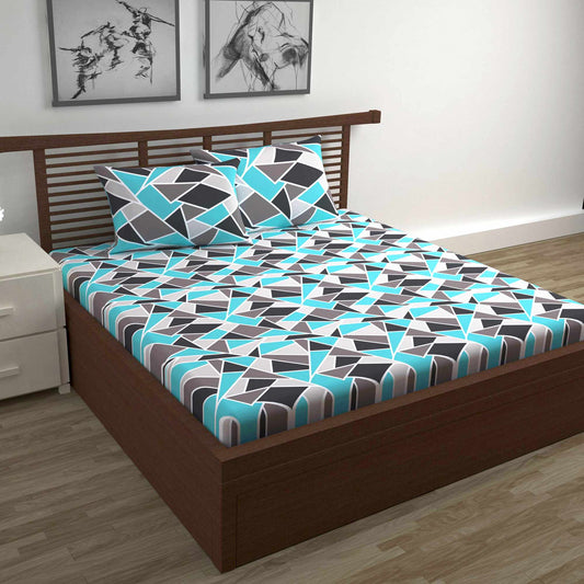 Triangle Blue and Grey Double Bed Bedsheet - 100% Cotton