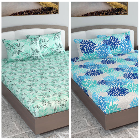 Green and Blue Floral Print Set of 2 Combo Bedsheet for King Size Bed