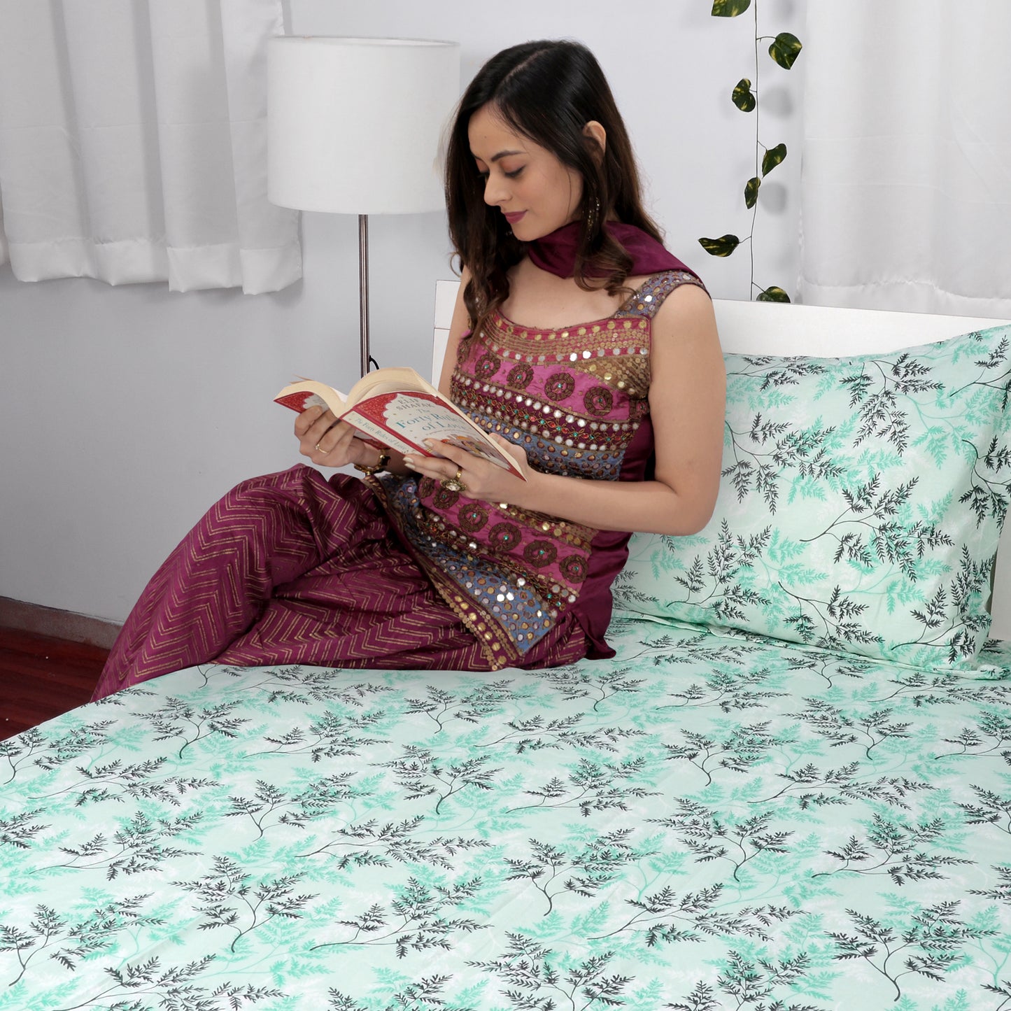 Peach and Green Floral Print Combo Bedsheet for Single Bed