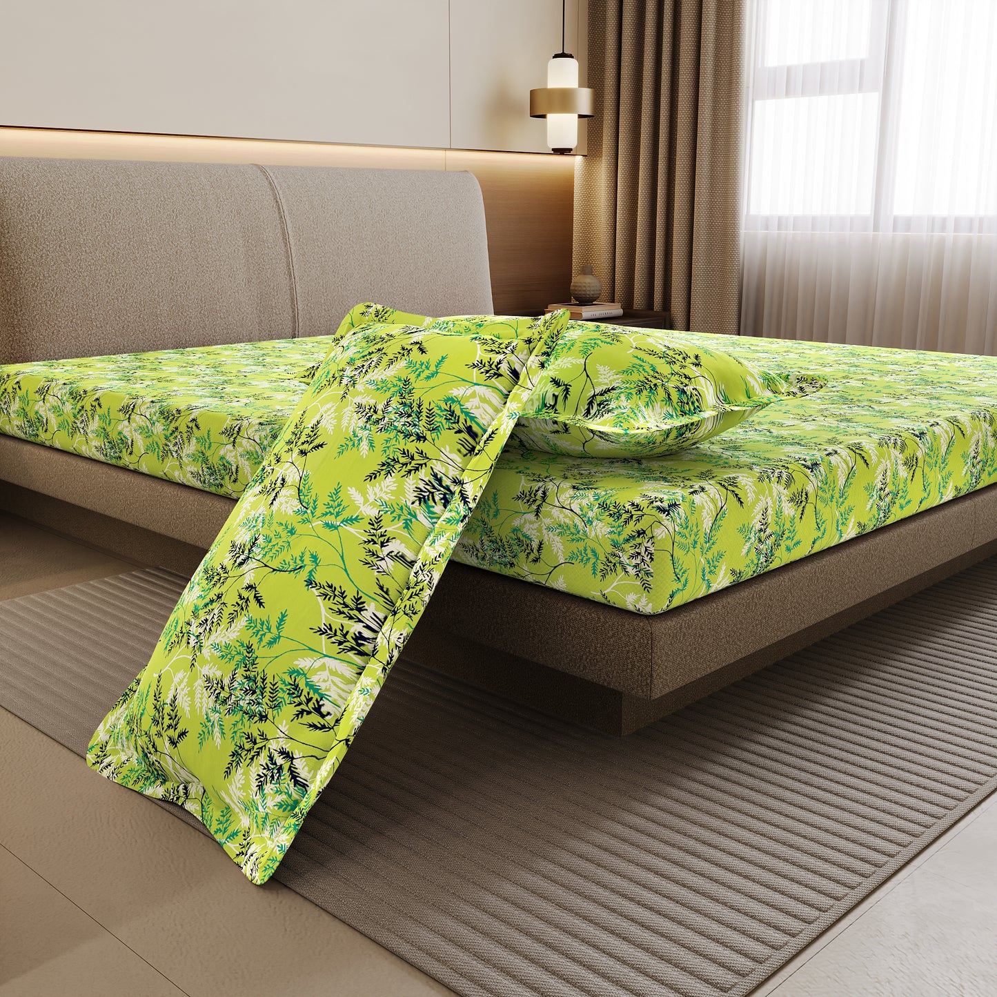 Lady Fern Floral Lime Green Bedsheet for Double Bed - 100% Cotton