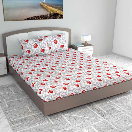Tulip Floral 100% Cotton Bedsheet for King Size Bed - Grey and Red