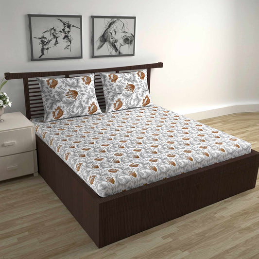 Tulip Floral Grey and Brown Bedsheet for Double Bed- 100% Cotton