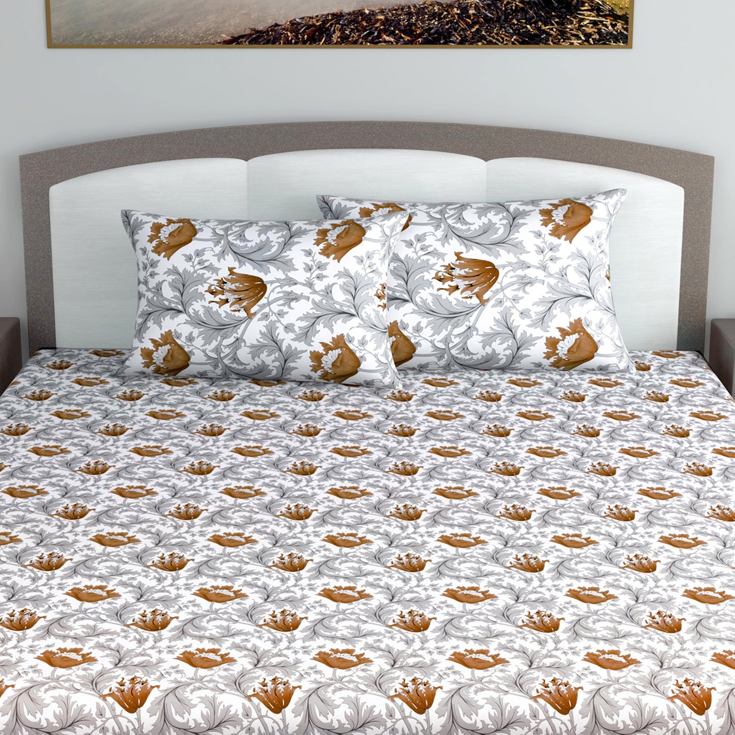 Tulip Floral Grey and Brown Bedsheet for King Size Bed- 100% Cotton