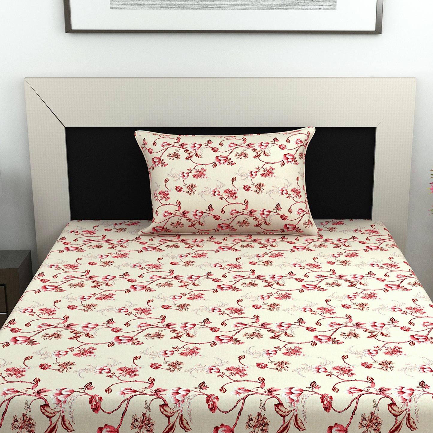 Summer Fern Floral Print 144 TC Cotton Bedsheet For Single Bed
