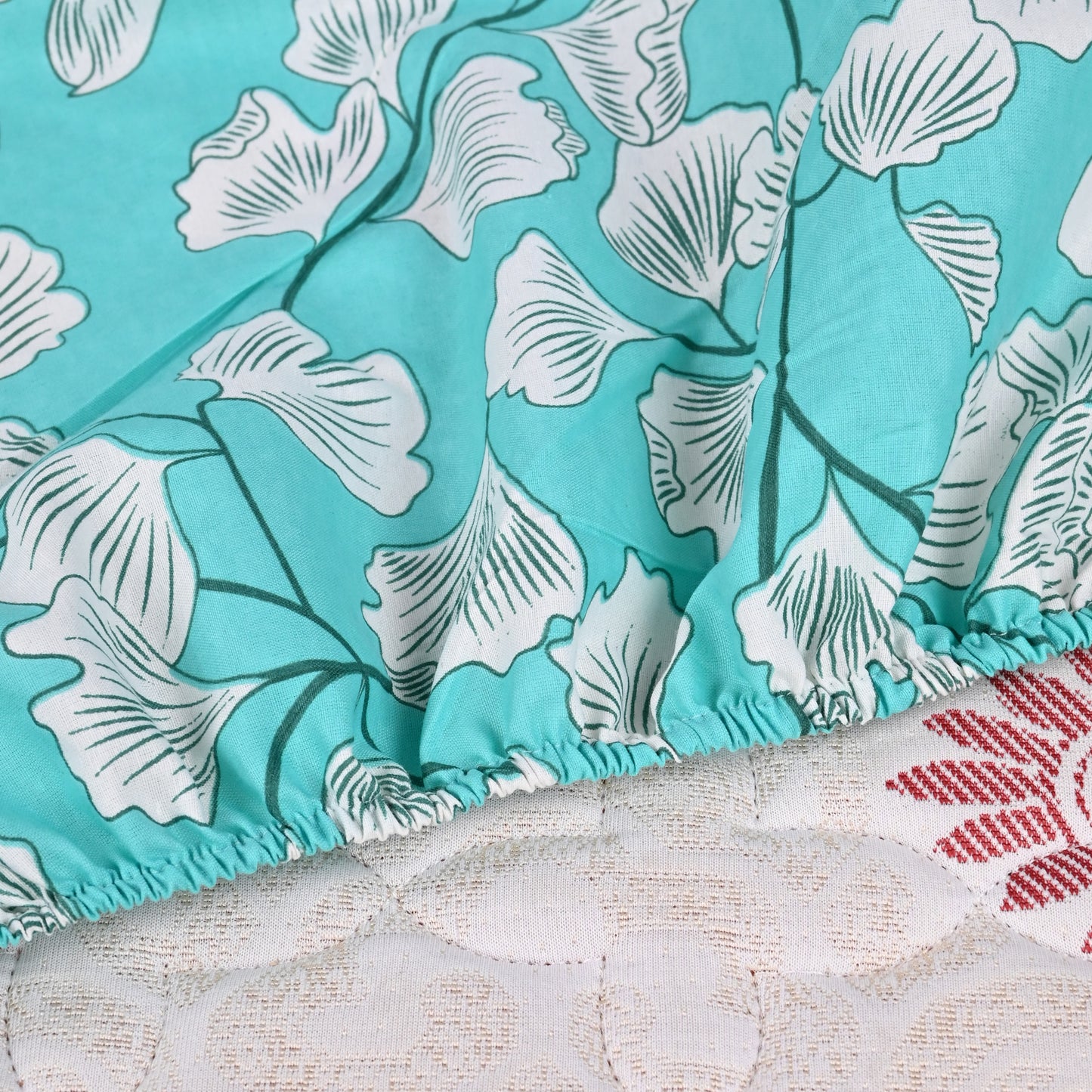 Teal Whisper Floral 144 TC Polycotton Double Fitted Bedsheet With 2 Pillowcovers