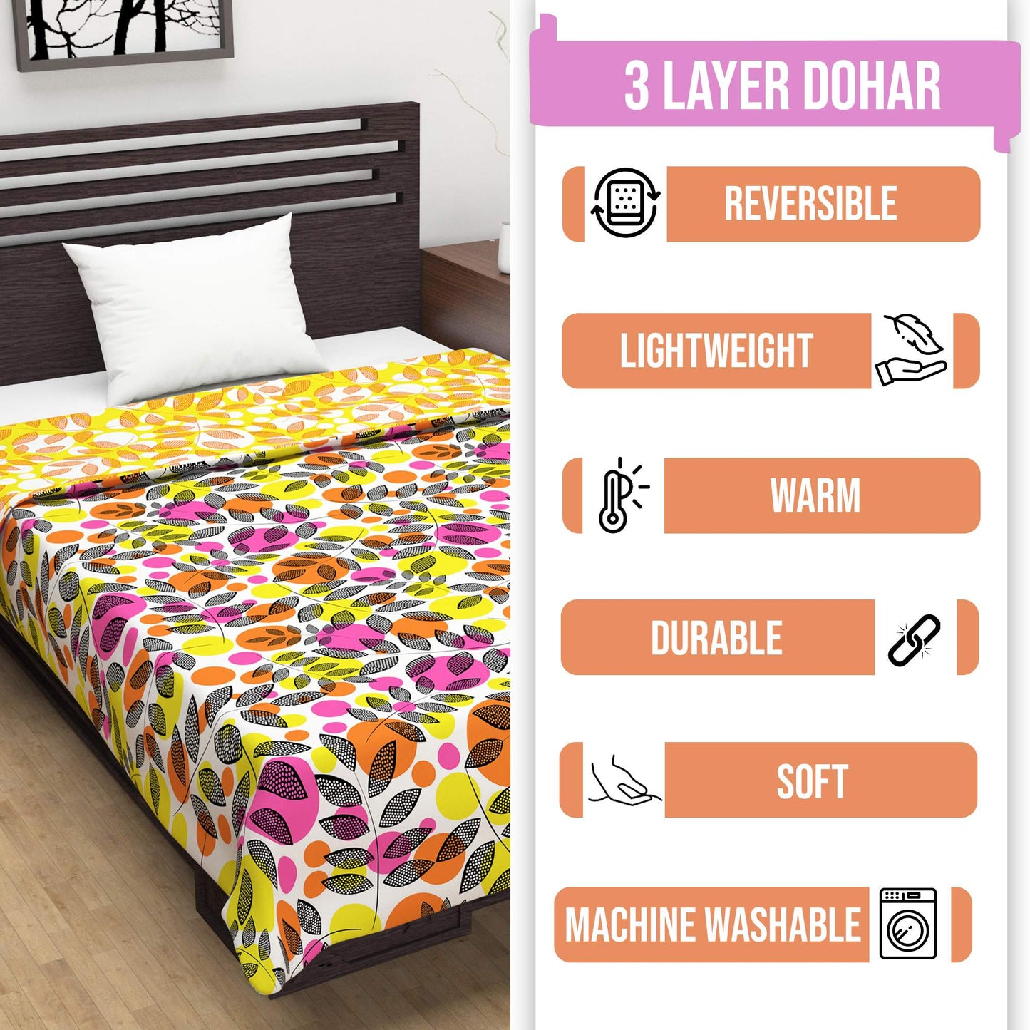 Orange & Yellow Floral Double Bed Dohar – 120 GSM Polycotton