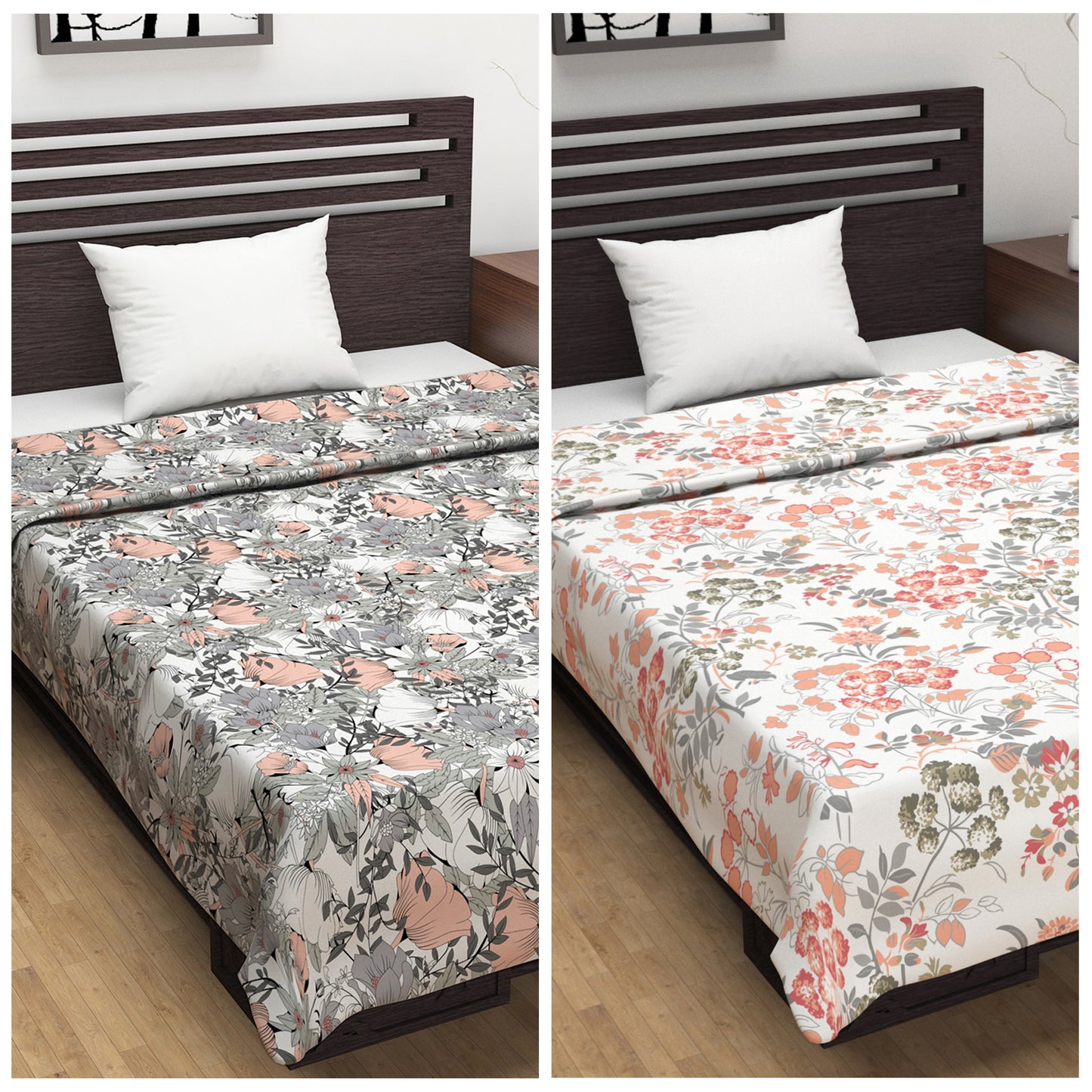 Grey and Peach Floral Cotton Combo Set of 2 Dohar For Single Bed