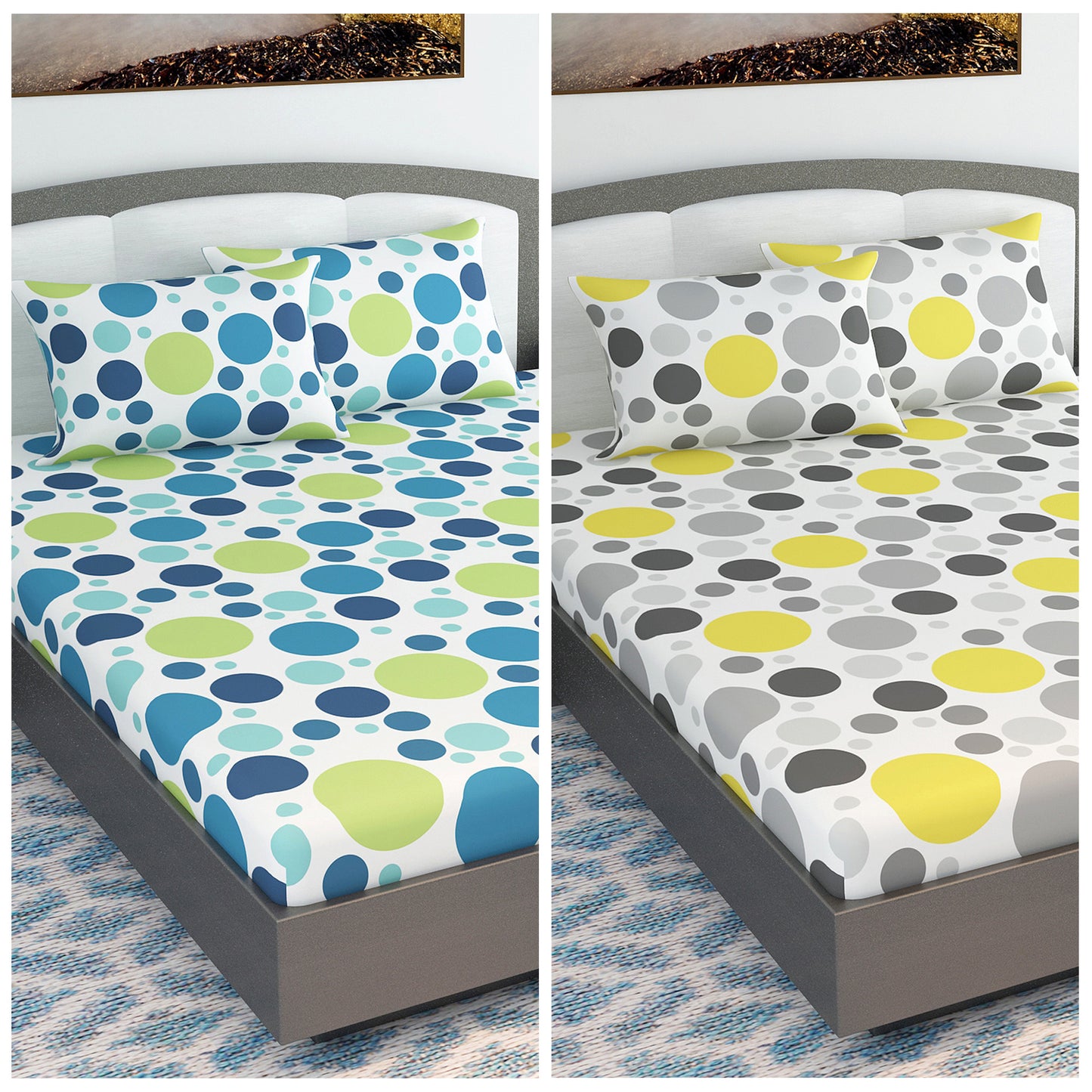 Blue and Yellow Colorful Polka Dots Set of 2 Combo Bedsheet for King Size Bed