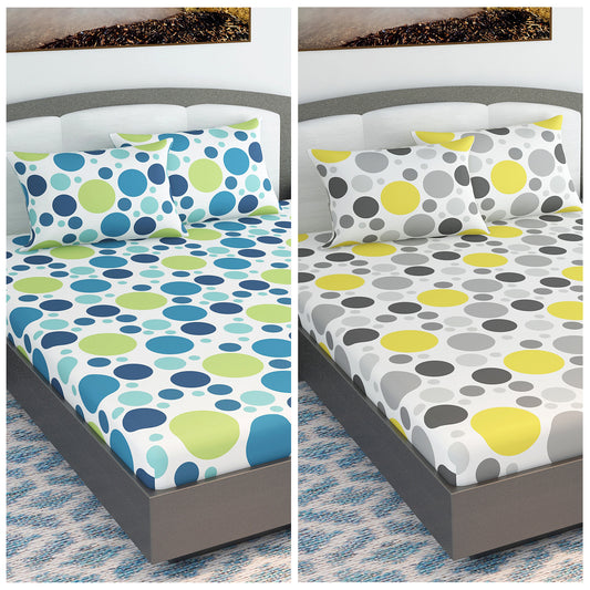 Blue and Yellow Colorful Polka Dots Set of 2 Combo Bedsheet for King Size Bed