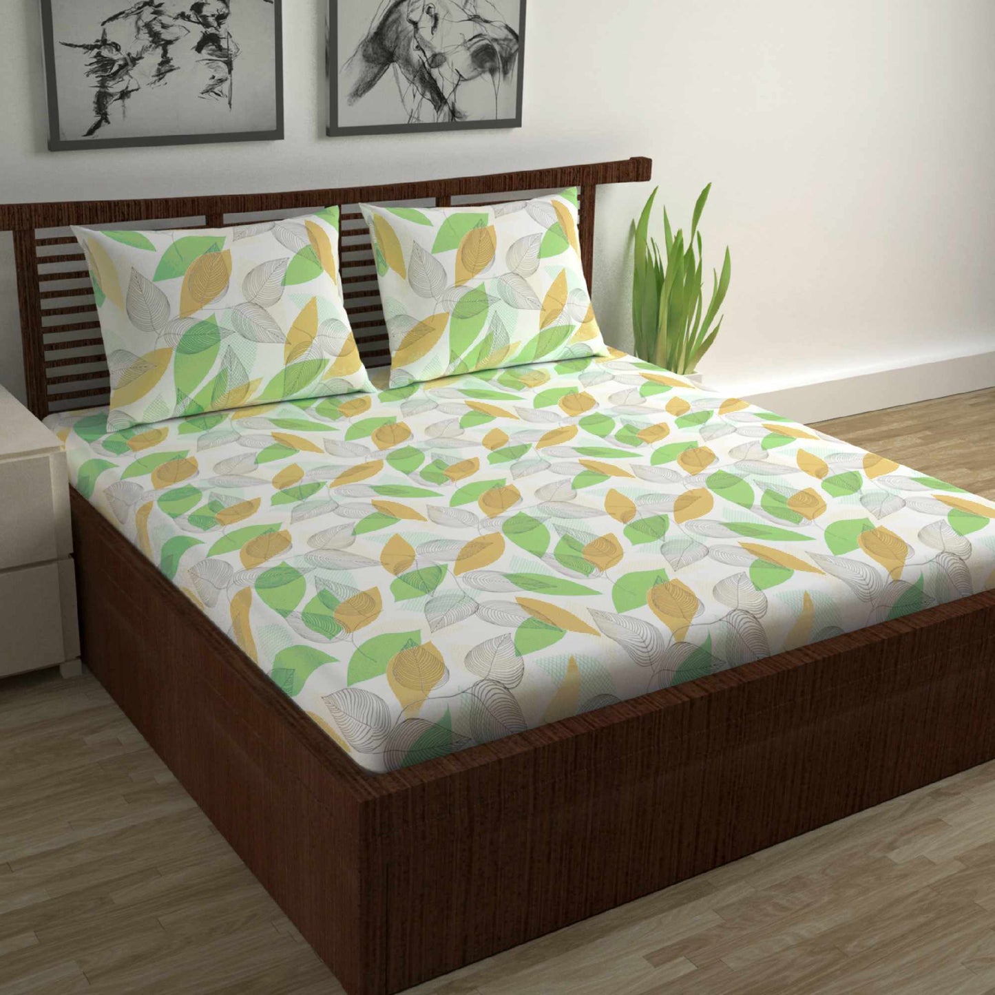 Green Leaf 160 TC 100% Pure Cotton Floral Print Double Bed Sheet With 2 Pillow Covers for Bedroom