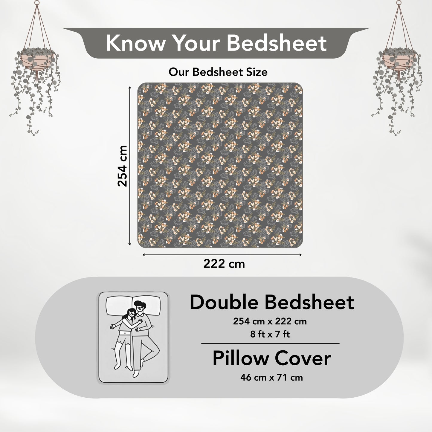 Graphite Shade Floral 144 TC Cotton Double Bedsheet With 2 Pillowcovers