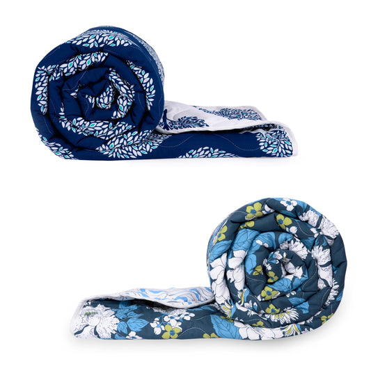 Navy Blue and White Floral Microfiber Comforter Combo For Single Bed