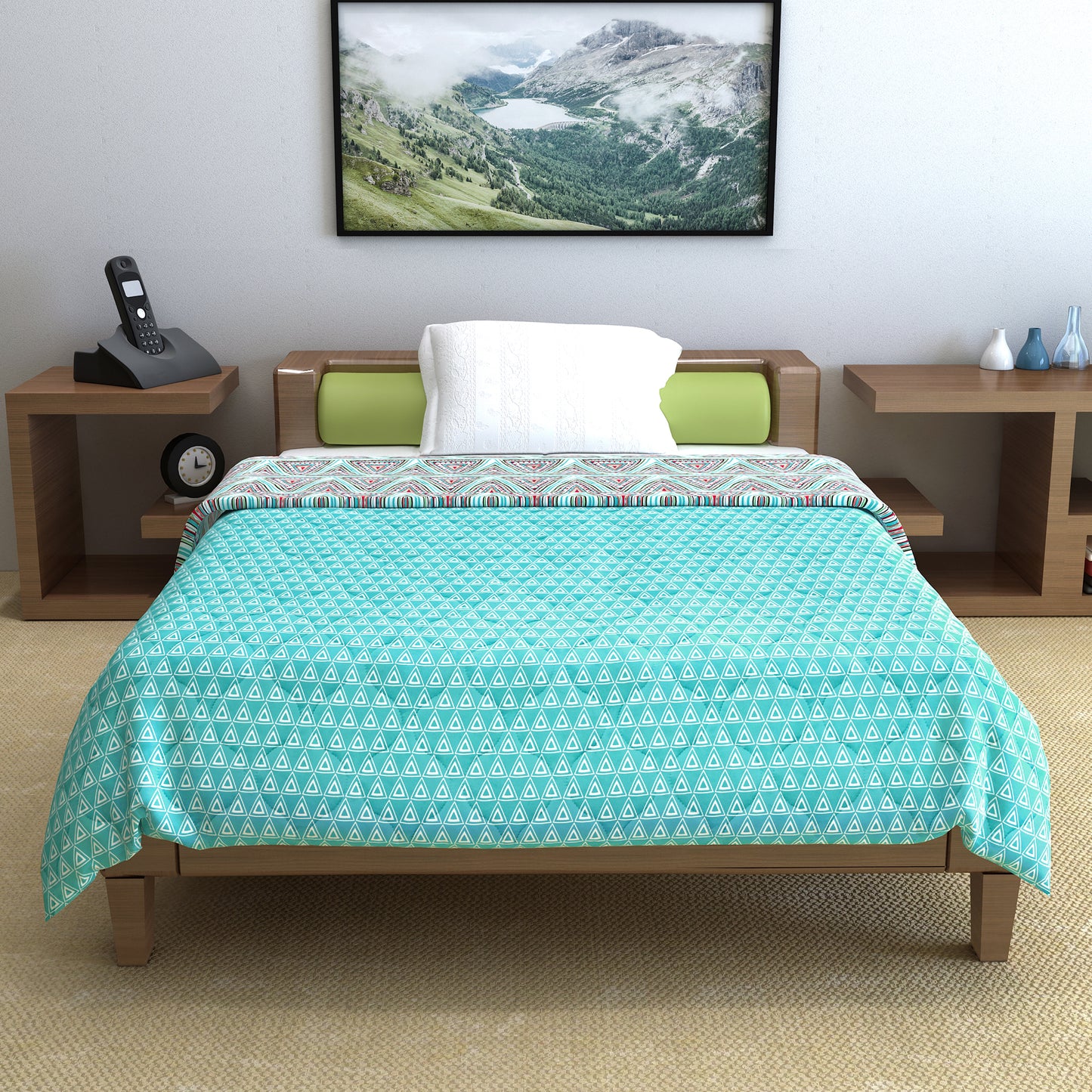 Turquoise Blue Geometric Single Bed Comforter – 120 GSM Microfiber