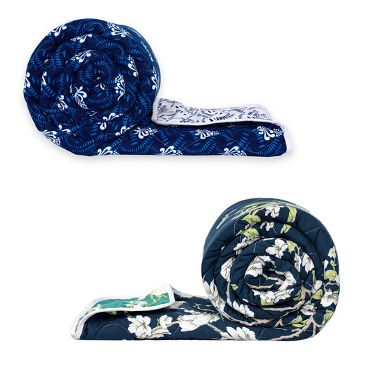 Navy Blue and Green Floral Microfiber Comforter Combo For Single Bed