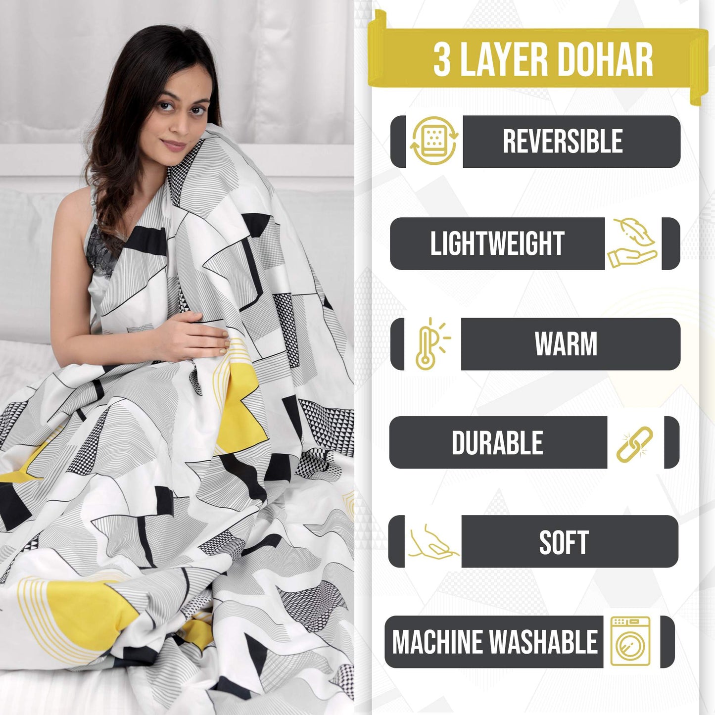White & Black Geometric Soft & Reversible Single Bed Dohar (210 X 140 CM)
