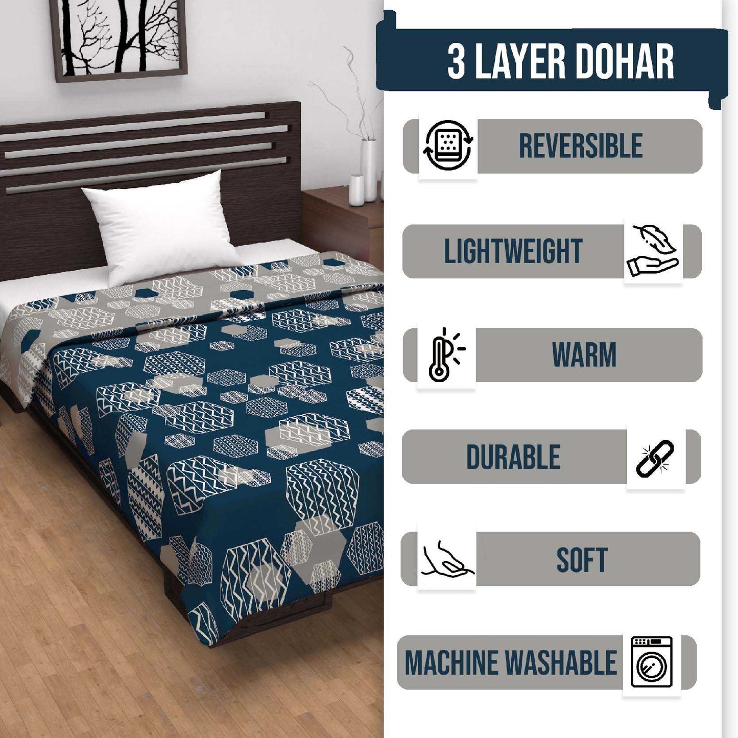Midnight Grey Geometric Double Bed Dohar – 120 GSM Microfiber