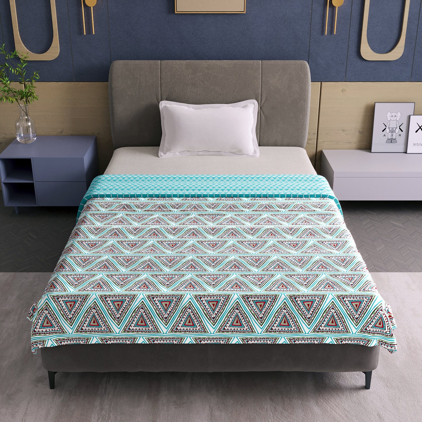 Turquoise Blue Geometric Dohar Microfiber Single Bed – 120 GSM