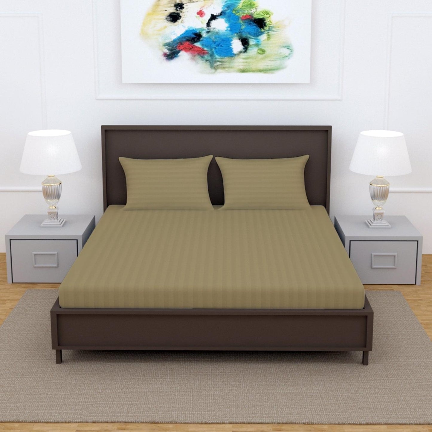 TAUPE 100% Cotton 220 TC Italian Stripes Flat King Size Bedsheet With 2 Pillow Cover For Bedroom