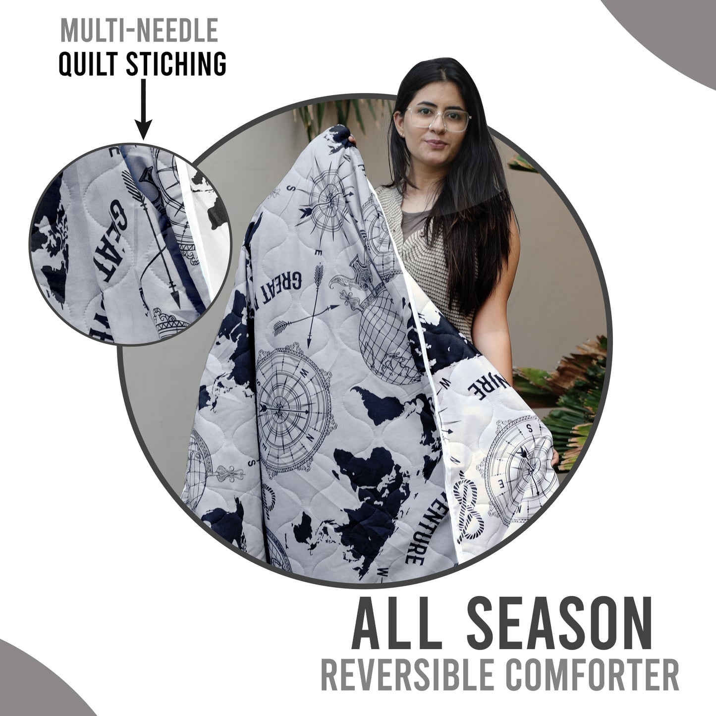 Grey and White Geography AC Quilt Comforter for Single Bed
