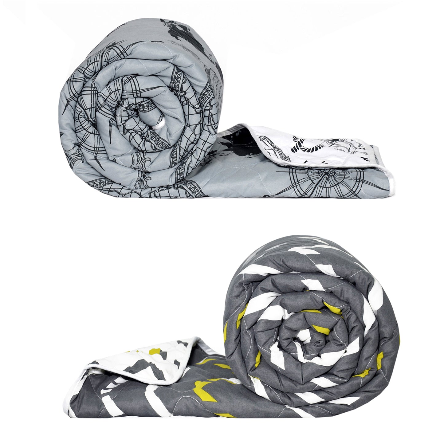 Grey Abstract and White Geographic Pattern Microfiber Comforter Combo For Single Bed